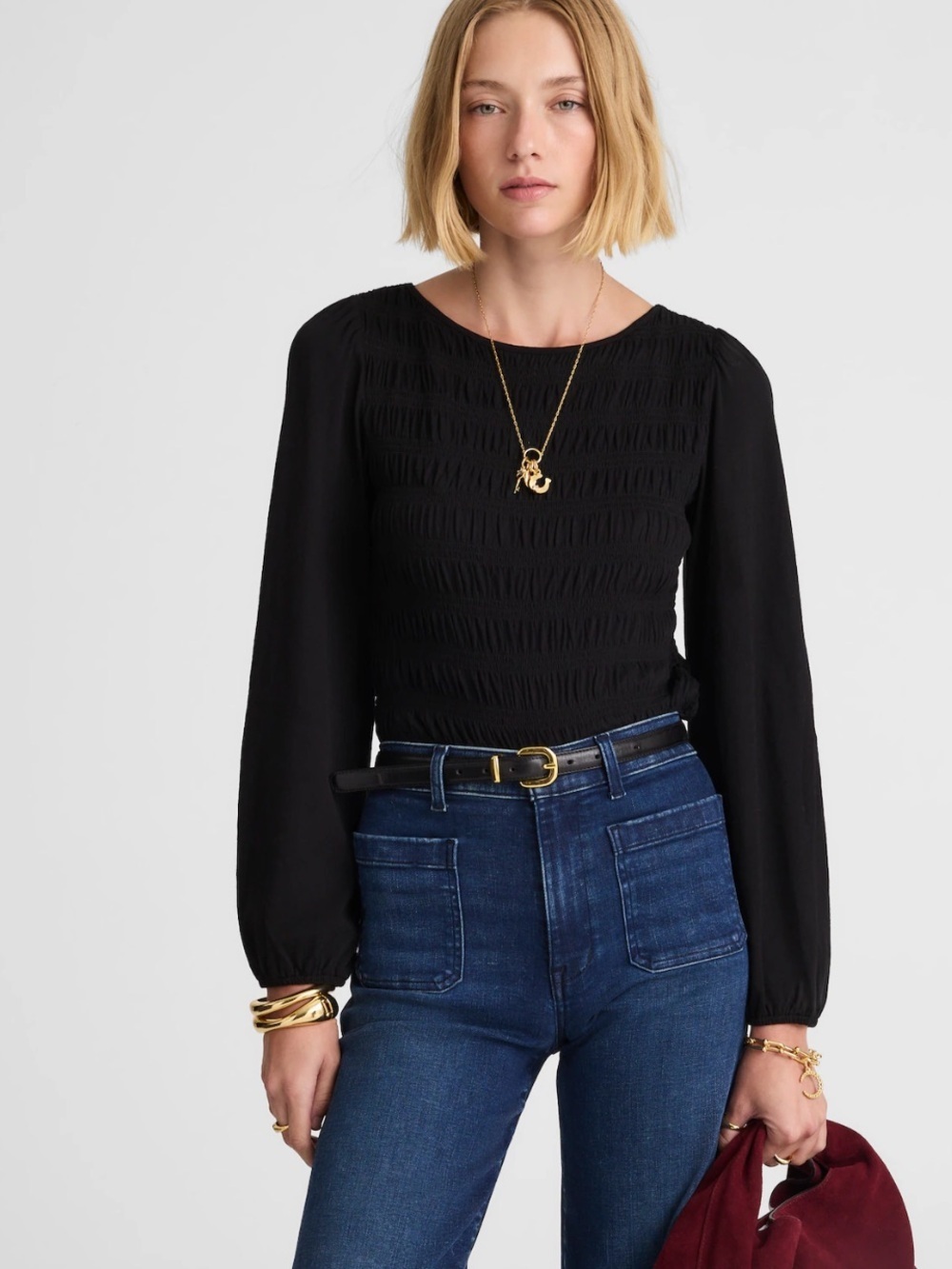 Madewell jet black Smocked Boatneck Top